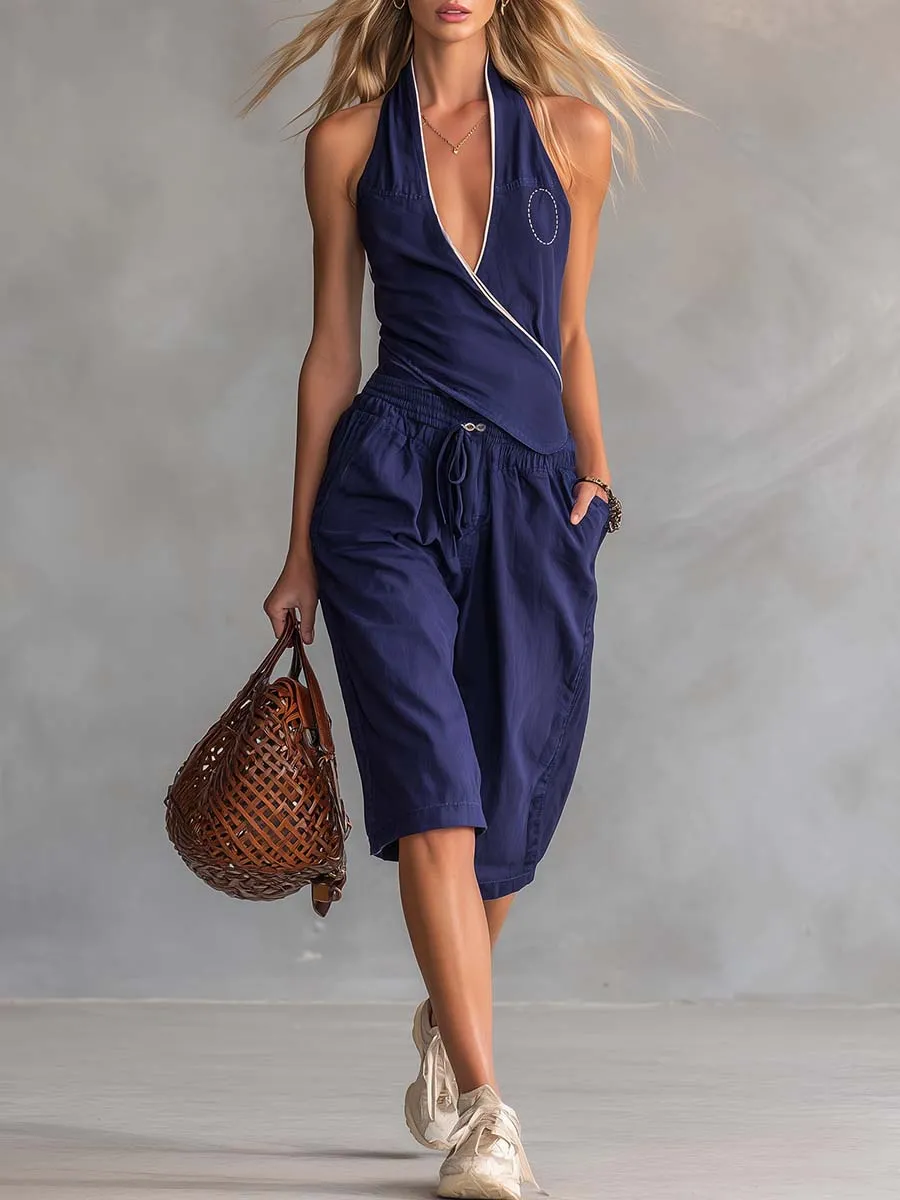 Retro Casual Navy V-Neck Asymmetrical Top And Bermuda Shorts Set sold by Oyrosy