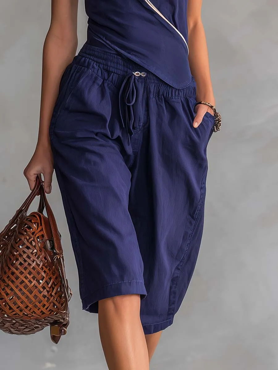 Retro Casual Navy V-Neck Asymmetrical Top And Bermuda Shorts Set sold by Oyrosy product image thumbnail 4