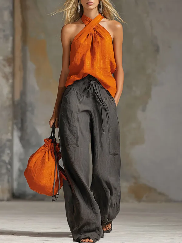 Retro-Casual Orange Halter Top & Grey Wide-Leg Pants Cotton-Linen Set made by Oyrosy