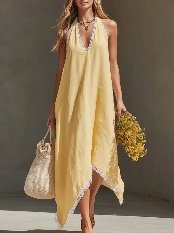Elegant & Casual Lace-Trimmed Light Yellow Cotton-Linen Maxi Dress made by Oyrosy