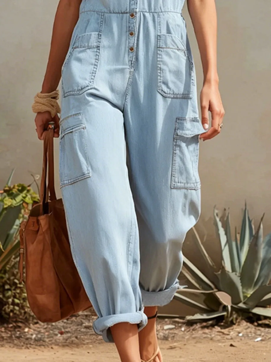 Retro-style Wide-strap Multi-pocket Denim Jumpsuit sold by Oyrosy product image thumbnail 5