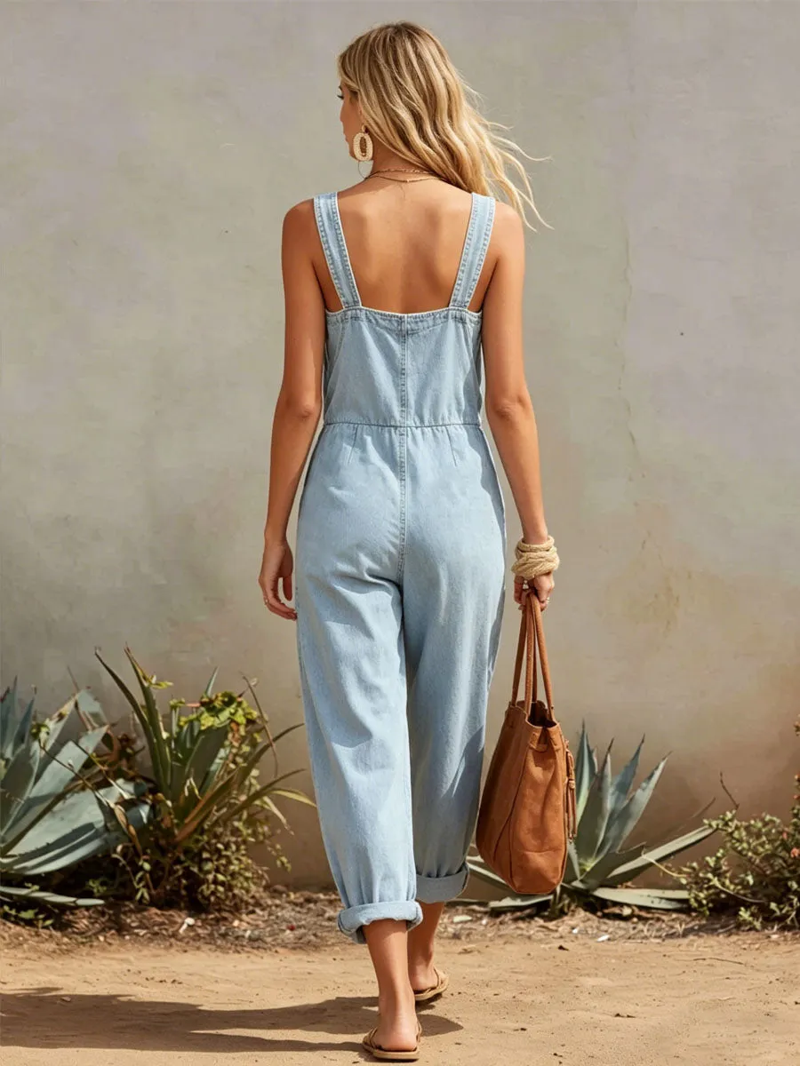 Retro-style Wide-strap Multi-pocket Denim Jumpsuit sold by Oyrosy product image thumbnail 3