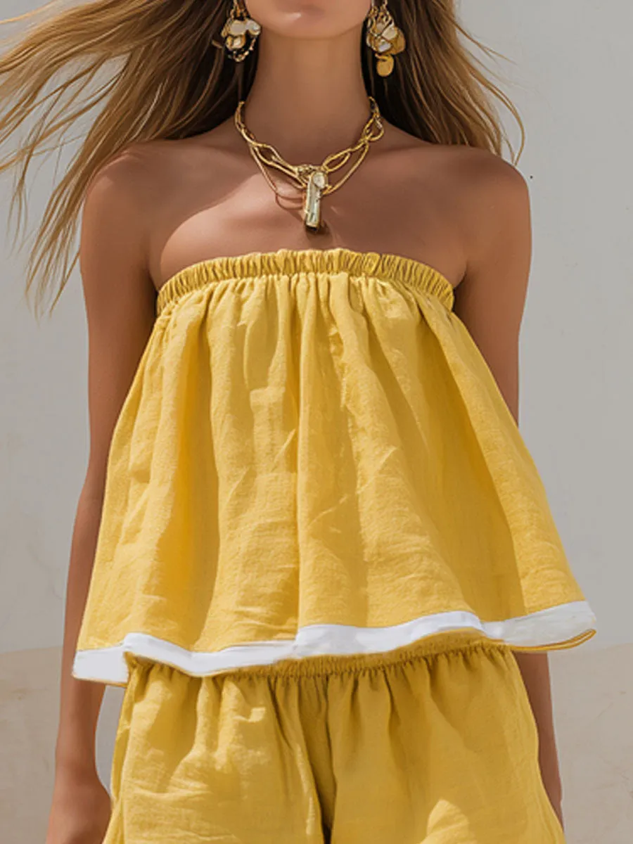 Color-blocked Cotton And Linen Sleeveless Top And Shorts Set sold by Oyrosy product image thumbnail 4