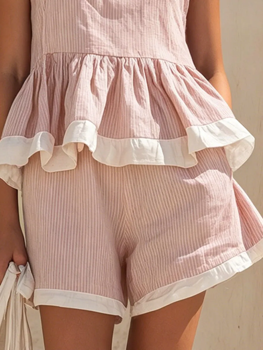 Color-blocked Striped Cotton-linen Sleeveless Top And Shorts Set sold by Oyrosy product image thumbnail 5