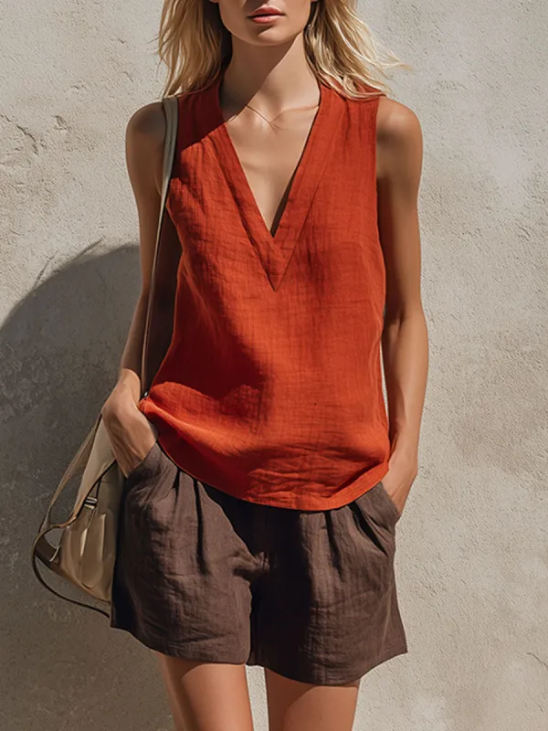 Retro Casual Orange Sleeveless V-neck Cotton Linen Top And Brown Shorts Set made by Oyrosy