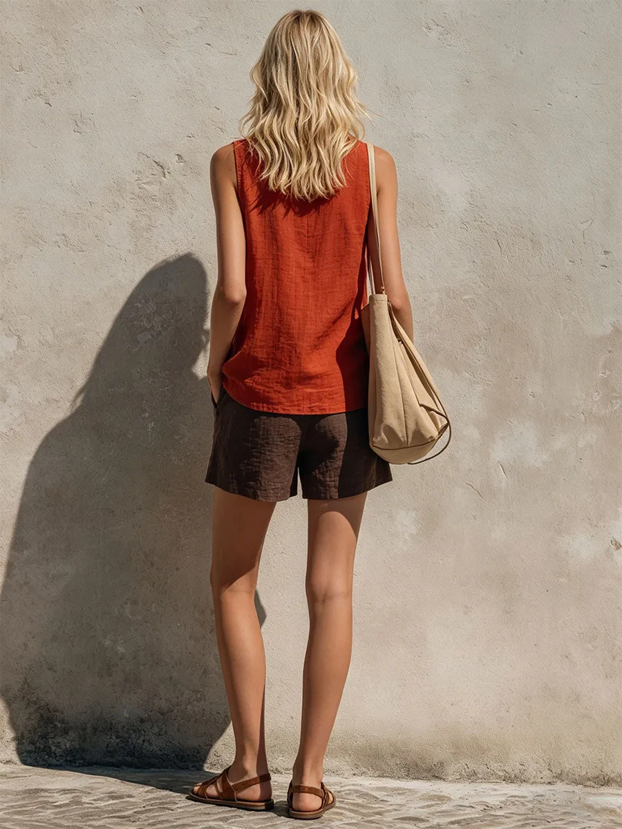 Retro Casual Orange Sleeveless V-neck Cotton Linen Top And Brown Shorts Set sold by Oyrosy product image thumbnail 4