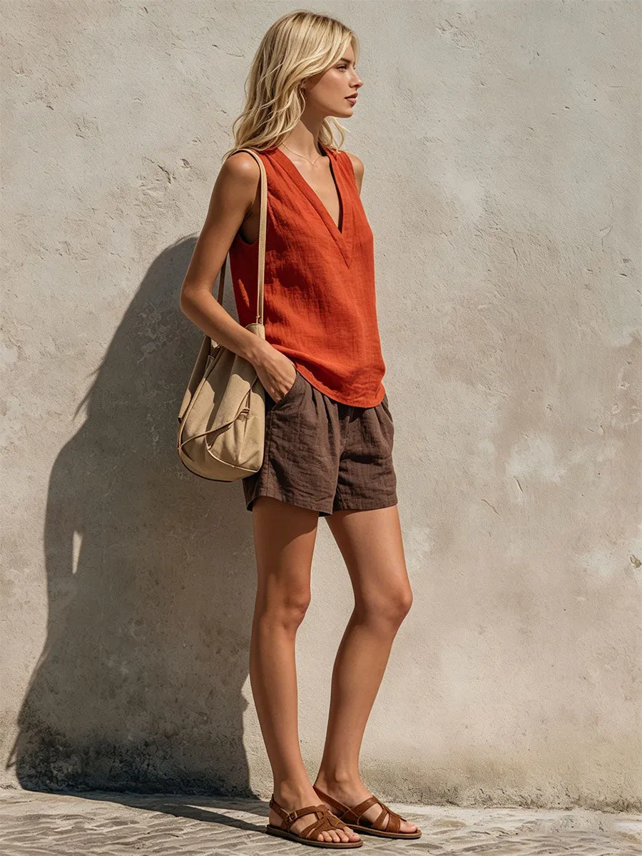 Retro Casual Orange Sleeveless V-neck Cotton Linen Top And Brown Shorts Set sold by Oyrosy product image thumbnail 3