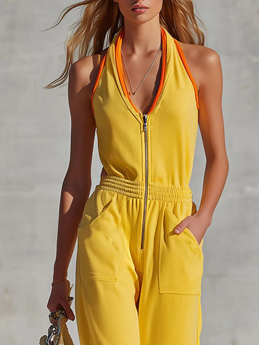 Retro Sporty Color-blocked Yellow V-neck Zip-up Sleeveless Jumpsuit sold by Oyrosy product image thumbnail 5