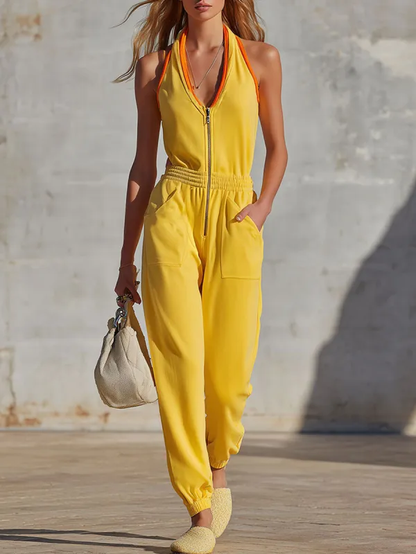 Retro Sporty Color-blocked Yellow V-neck Zip-up Sleeveless Jumpsuit made by Oyrosy