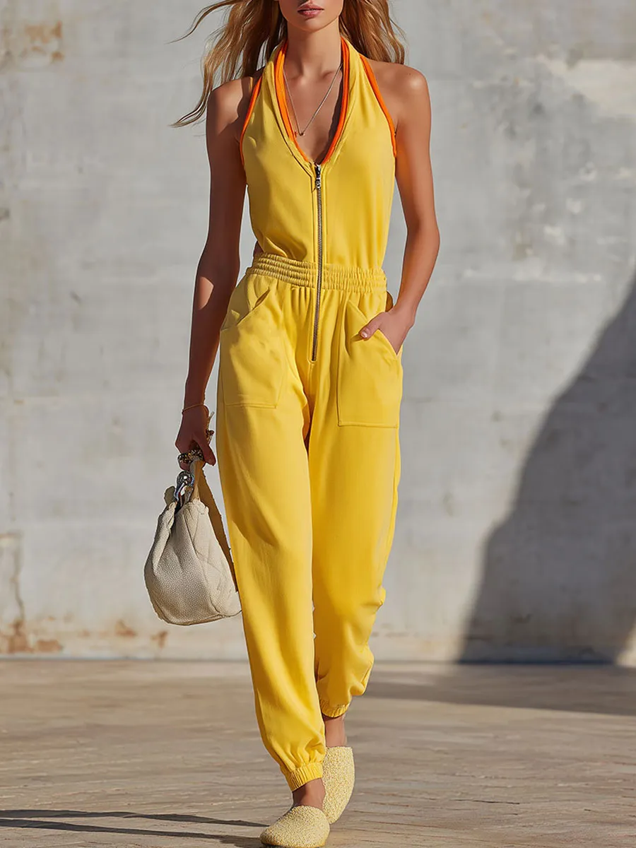Retro Sporty Color-blocked Yellow V-neck Zip-up Sleeveless Jumpsuit sold by Oyrosy