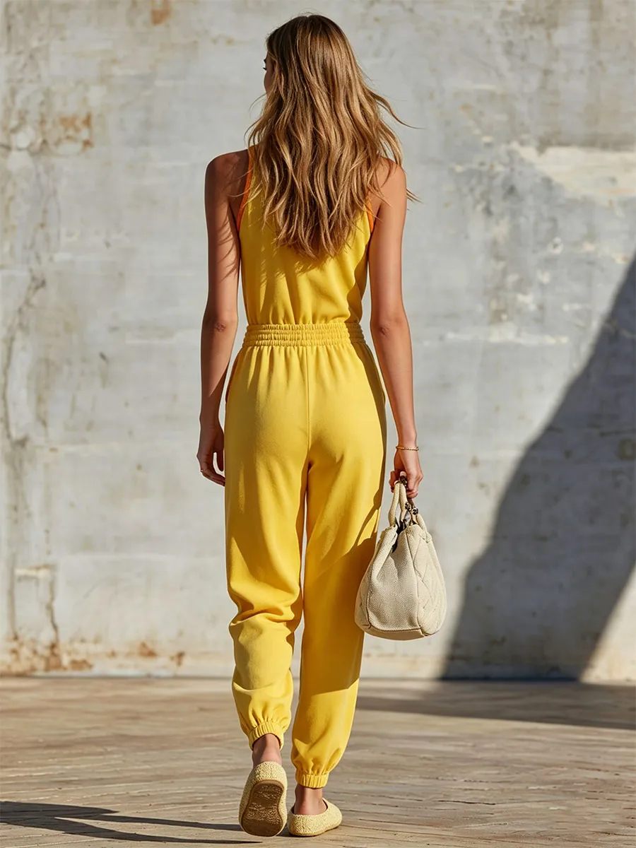 Retro Sporty Color-blocked Yellow V-neck Zip-up Sleeveless Jumpsuit sold by Oyrosy product image thumbnail 4