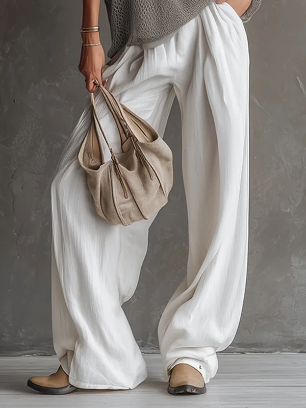 Simple Urban Gray Cotton Linen Wide-leg Pants made by Oyrosy