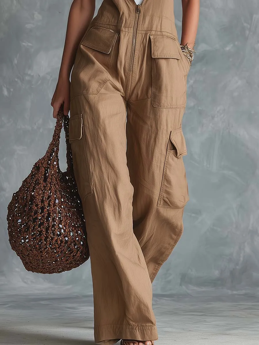Retro-Casual V-Neck Cargo Pockets Light Brown Cotton Overalls Jumpsuit sold by Oyrosy product image thumbnail 4