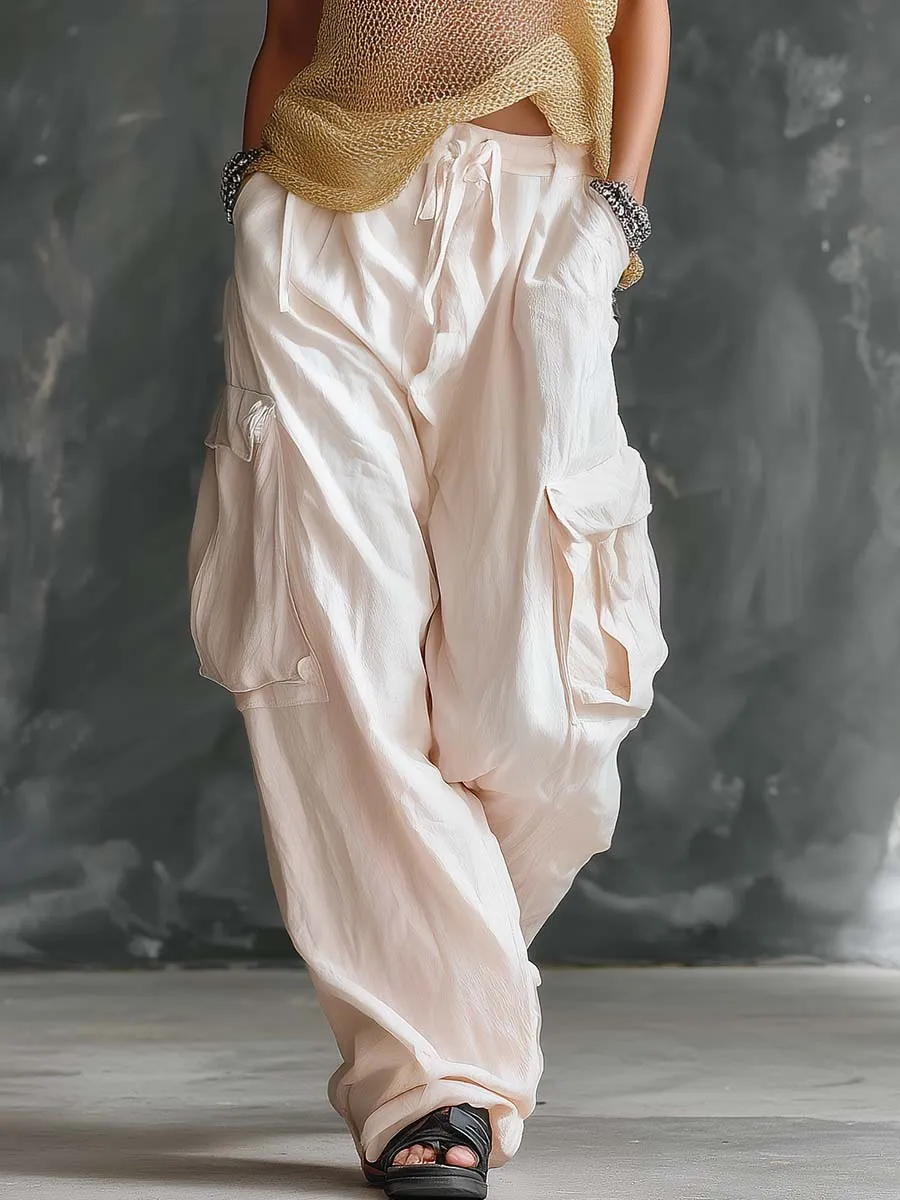 Casual Retro Lightweight Gold Open-Knit Hoodie Top And Off-White Cotton-Linen Pants Set sold by Oyrosy product image thumbnail 4