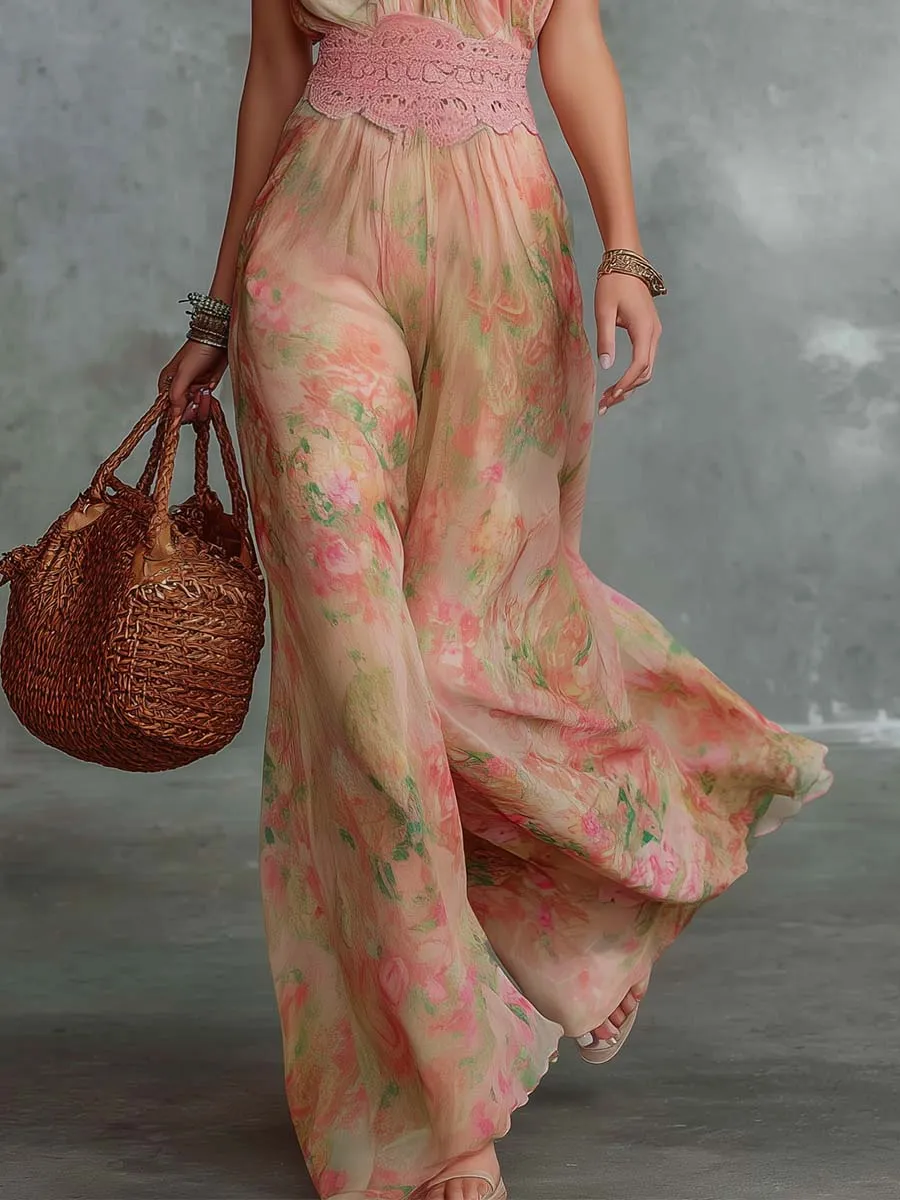 Retro Flowy V-Neck Oil-Painting Floral Print Chiffon Jumpsuit sold by Oyrosy product image thumbnail 4