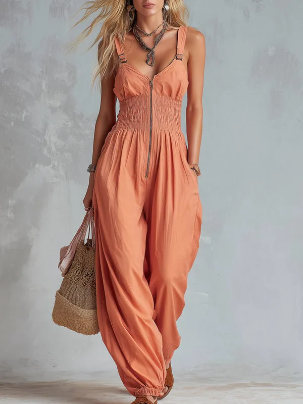 Retro-Casual Pink-Orange Oversized Sleeveless Jumpsuit made by Oyrosy