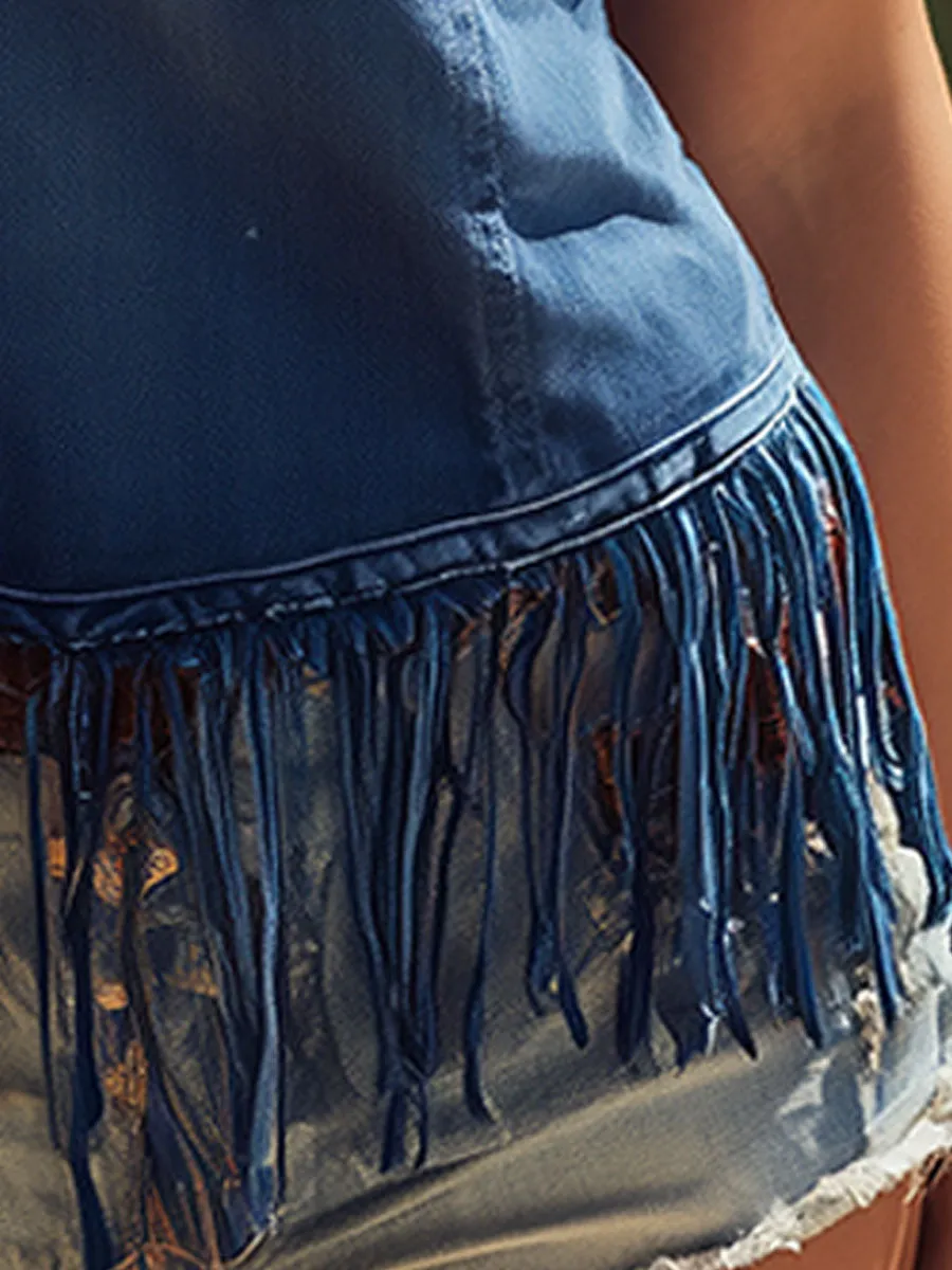 Western Retro Faux Suede Tassel Blue Rhinestone Sleeveless V-Neck Denim Vest sold by Oyrosy product image thumbnail 5