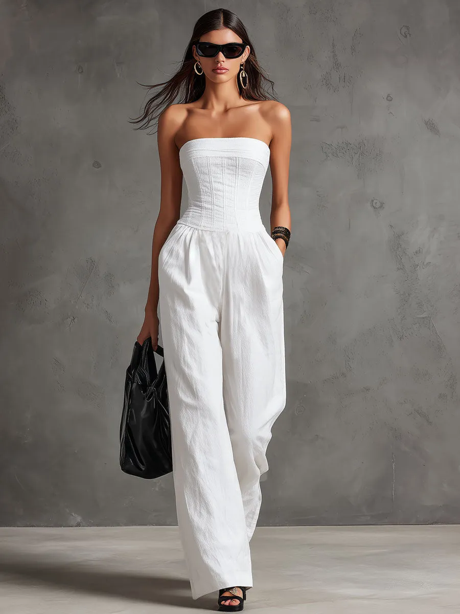 Elegant Retro White Cotton And Linen Strapless Jumpsuit With Laces sold by Oyrosy product image thumbnail 2