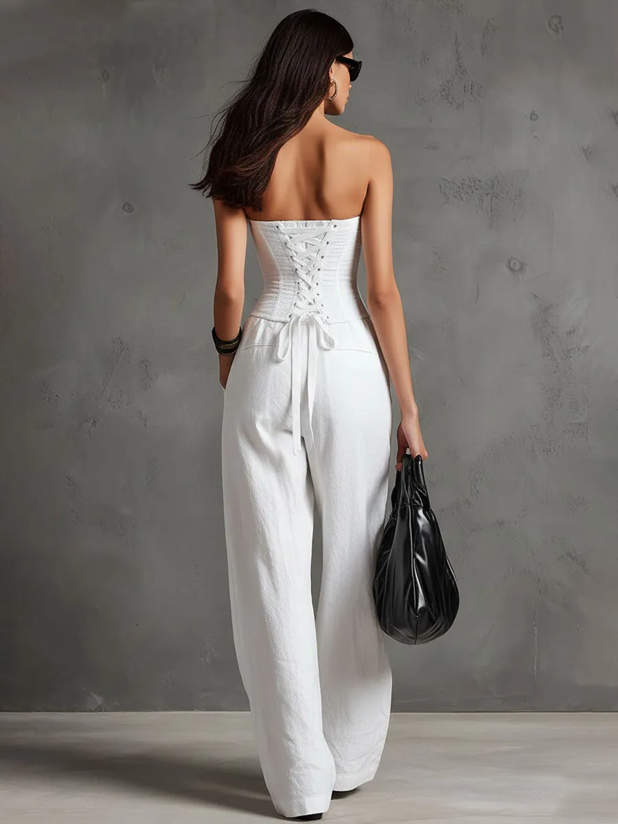 Elegant Retro White Cotton And Linen Strapless Jumpsuit With Laces sold by Oyrosy product image thumbnail 3