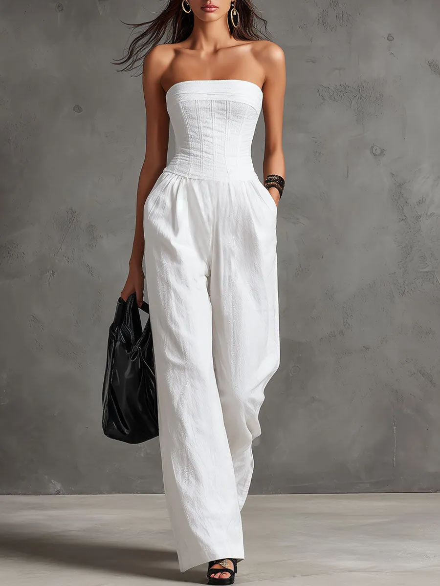 Elegant Retro White Cotton And Linen Strapless Jumpsuit With Laces sold by Oyrosy