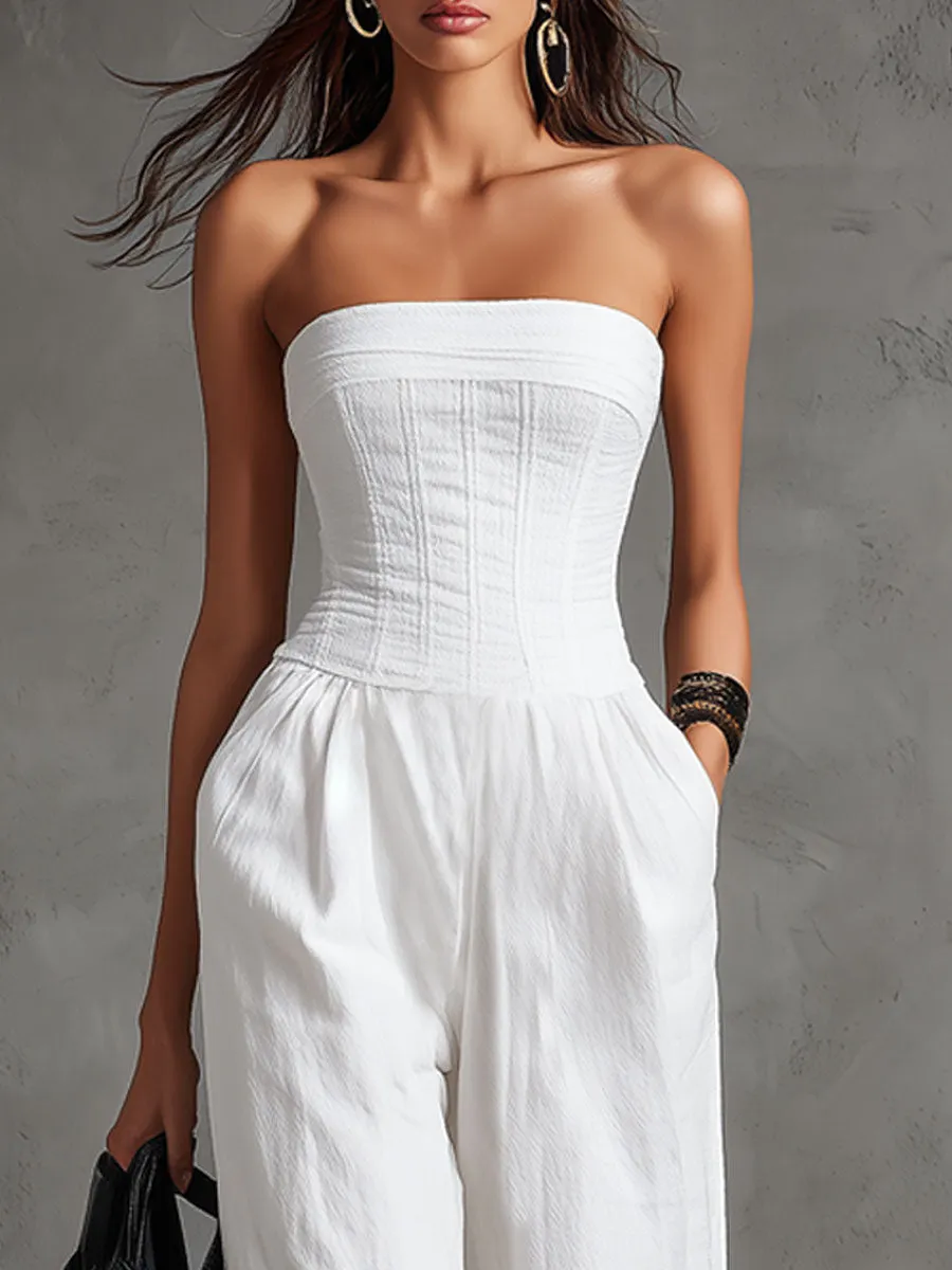 Elegant Retro White Cotton And Linen Strapless Jumpsuit With Laces sold by Oyrosy product image thumbnail 4