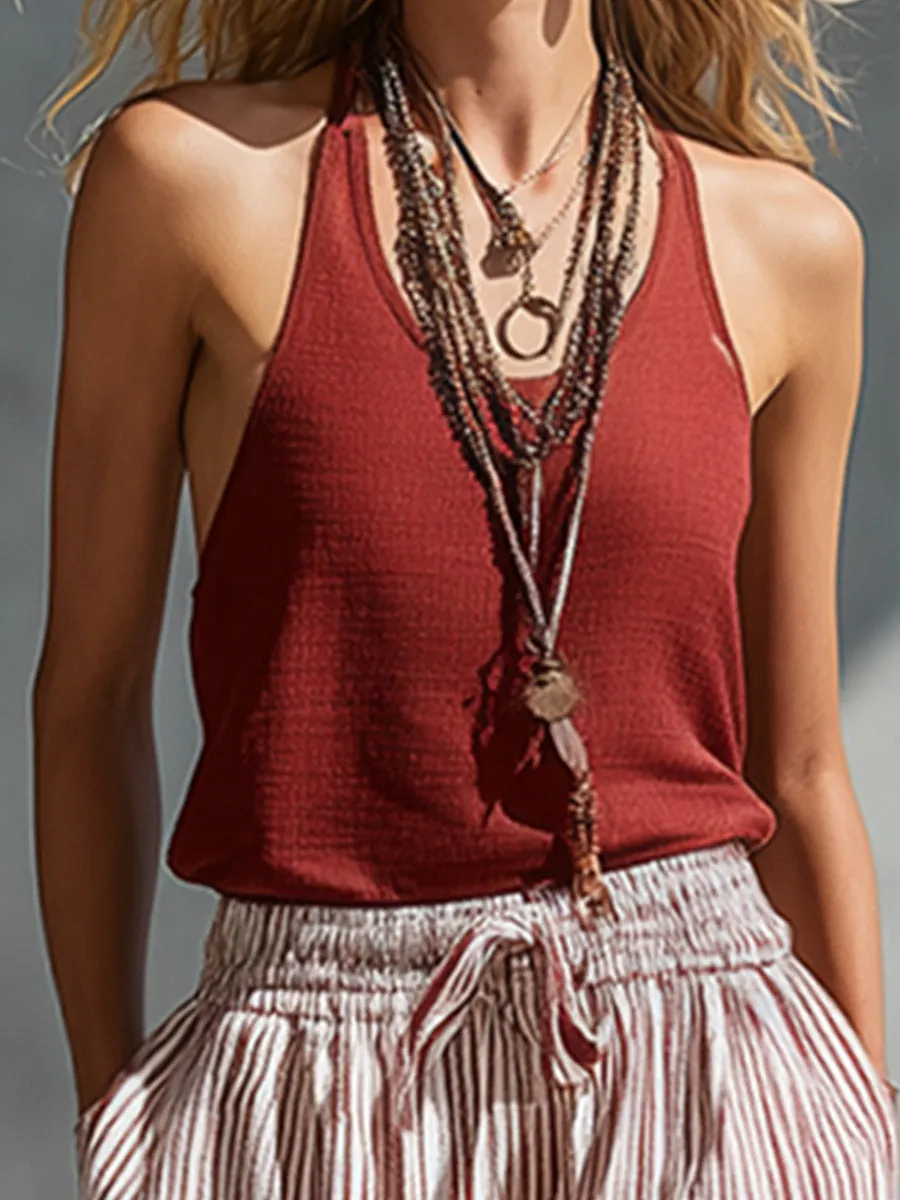 Casual & Elegant Red Tank Top And Striped Wide-Leg Pants Set sold by Oyrosy product image thumbnail 3