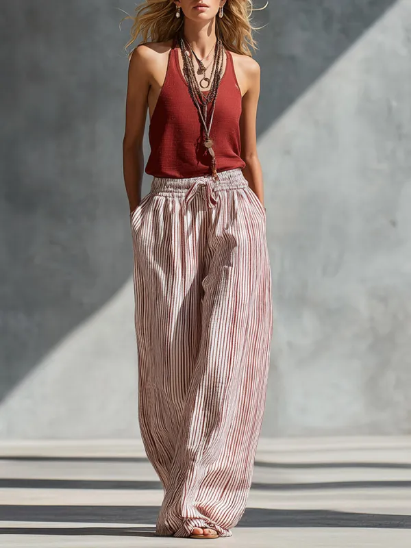 Casual & Elegant Red Tank Top And Striped Wide-Leg Pants Set made by Oyrosy