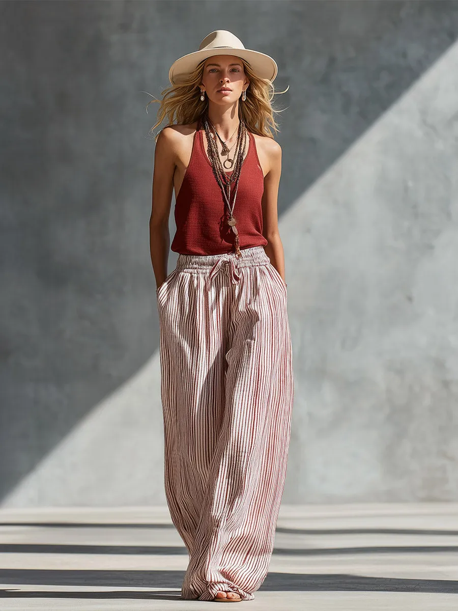 Casual & Elegant Red Tank Top And Striped Wide-Leg Pants Set sold by Oyrosy product image thumbnail 2