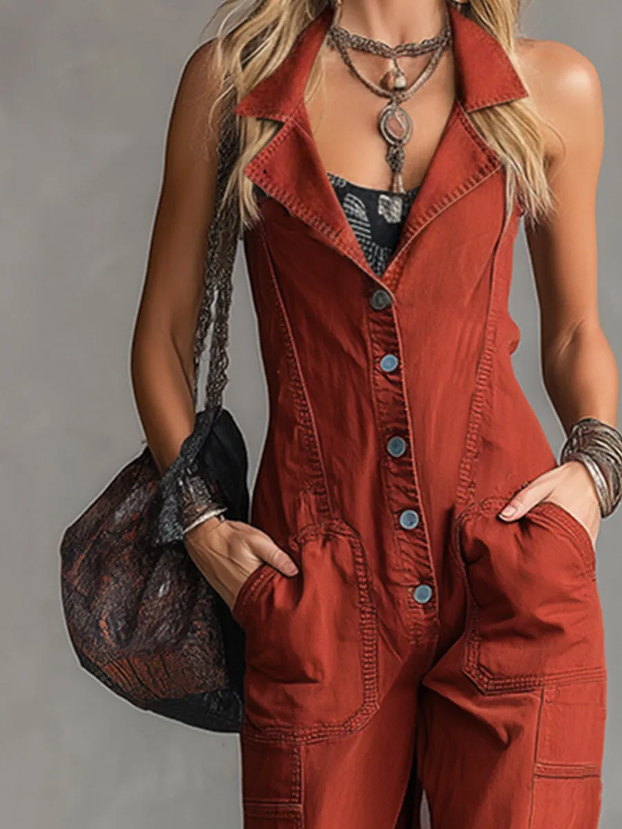 Retro-Chic Rust-Red Collared Denim Jumpsuit sold by Oyrosy product image thumbnail 3