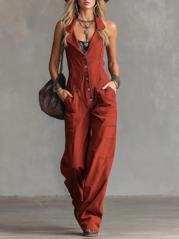 Retro-Chic Rust-Red Collared Denim Jumpsuit made by Oyrosy