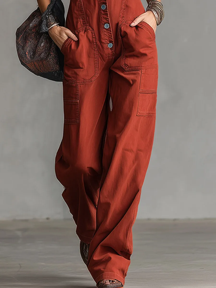 Retro-Chic Rust-Red Collared Denim Jumpsuit sold by Oyrosy product image thumbnail 4