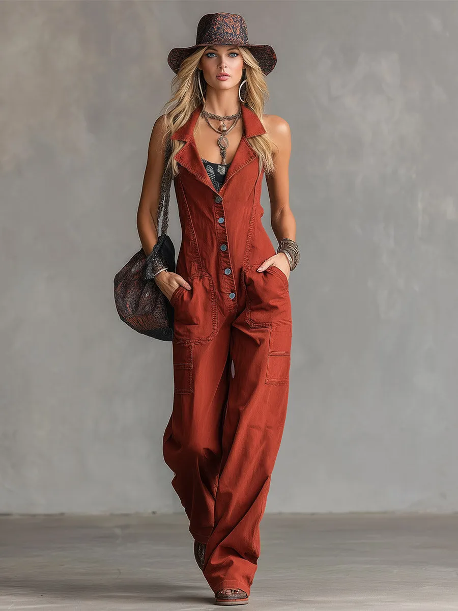 Retro-Chic Rust-Red Collared Denim Jumpsuit sold by Oyrosy product image thumbnail 2