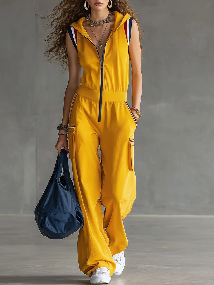 Sporty Retro Striped Sleeveless Hooded Yellow Cotton Jumpsuit sold by Oyrosy