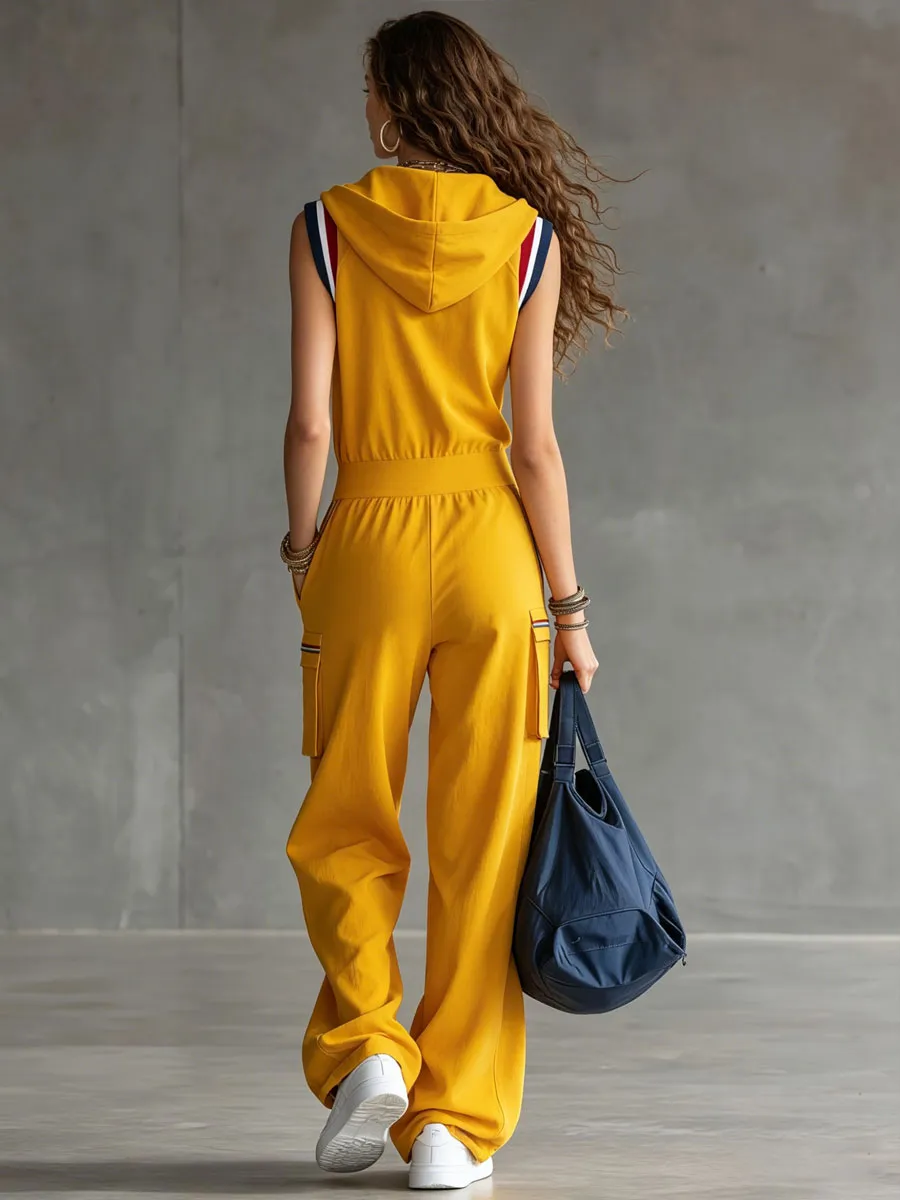 Sporty Retro Striped Sleeveless Hooded Yellow Cotton Jumpsuit sold by Oyrosy product image thumbnail 4