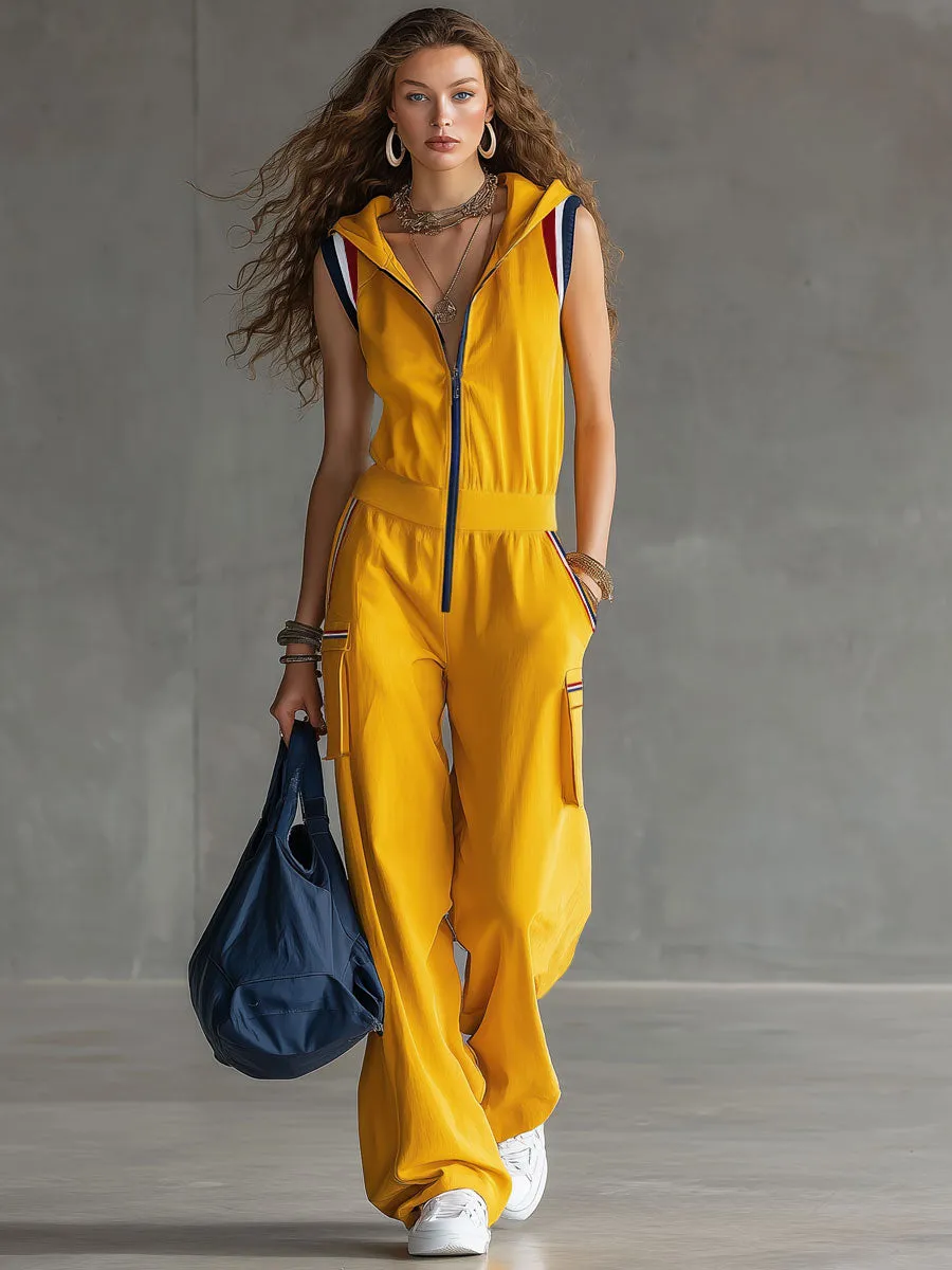 Sporty Retro Striped Sleeveless Hooded Yellow Cotton Jumpsuit sold by Oyrosy product image thumbnail 2