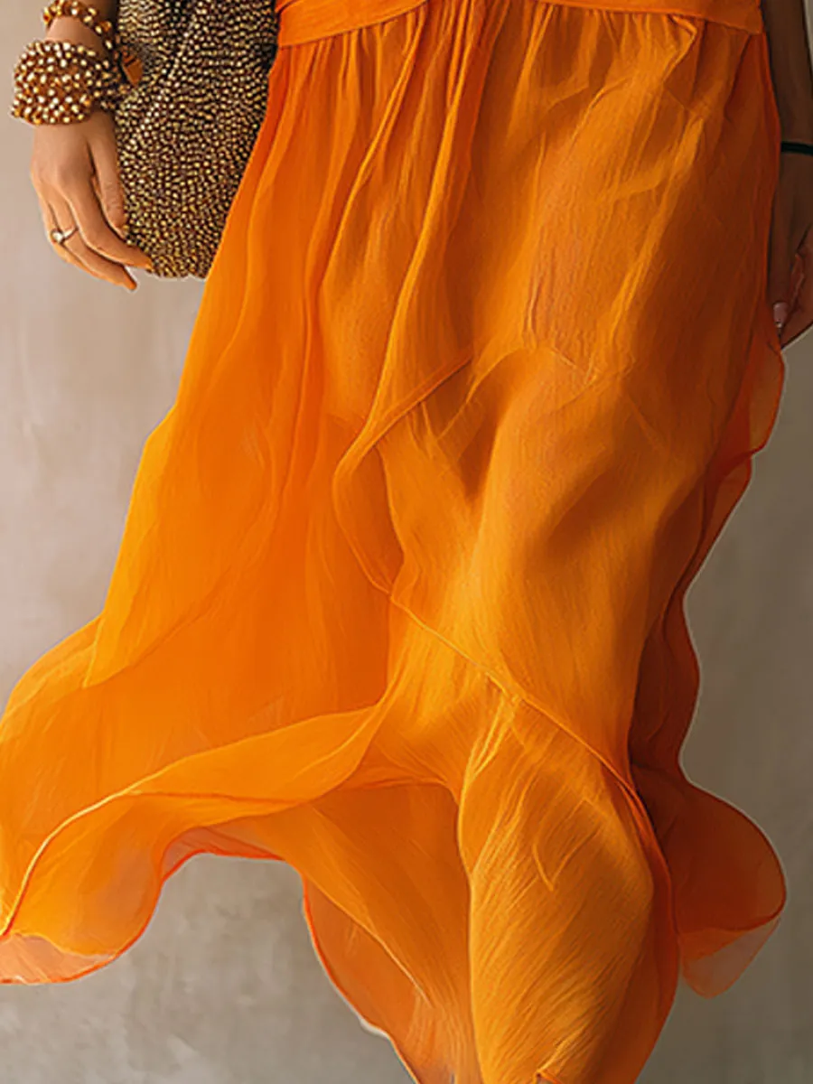 Retro-elegant Orange Halter Neck Sleeveless Pleated Chiffon Midi Dress sold by Oyrosy product image thumbnail 5