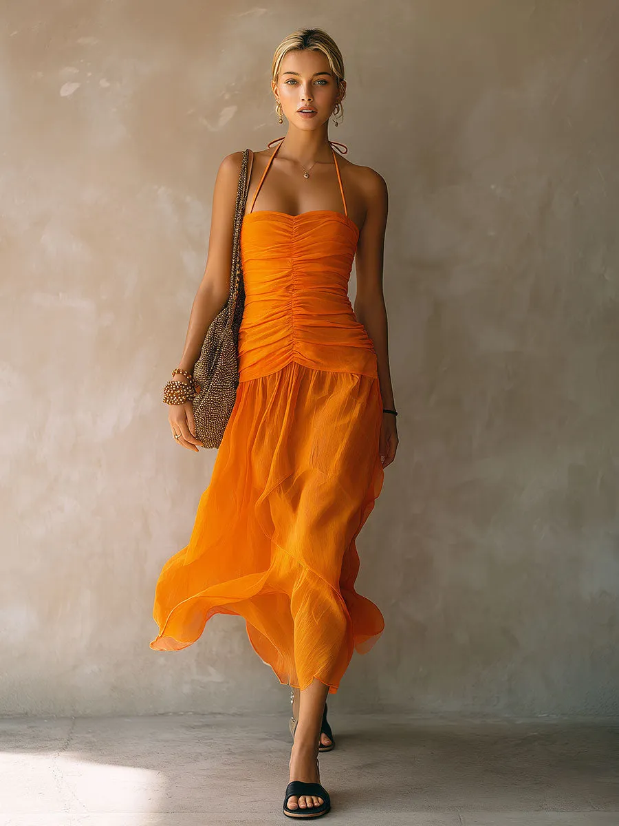Retro-elegant Orange Halter Neck Sleeveless Pleated Chiffon Midi Dress sold by Oyrosy product image thumbnail 3