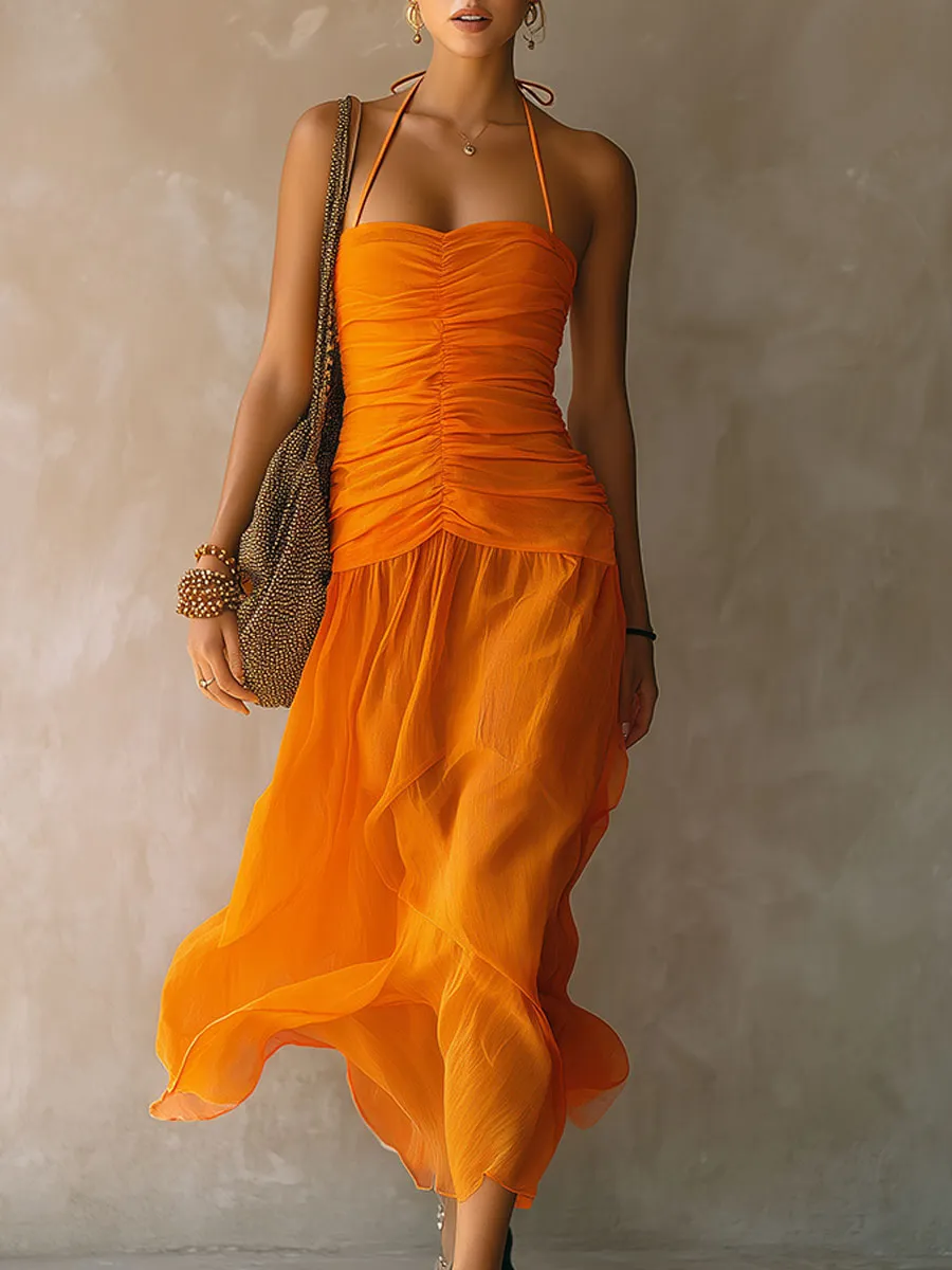 Retro-elegant Orange Halter Neck Sleeveless Pleated Chiffon Midi Dress sold by Oyrosy product image thumbnail 2