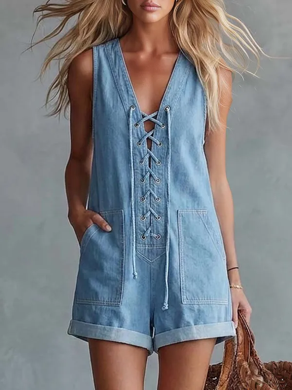 Casual Retro V-Neck Front Lacing Blue Denim Shorts Jumpsuit made by Oyrosy