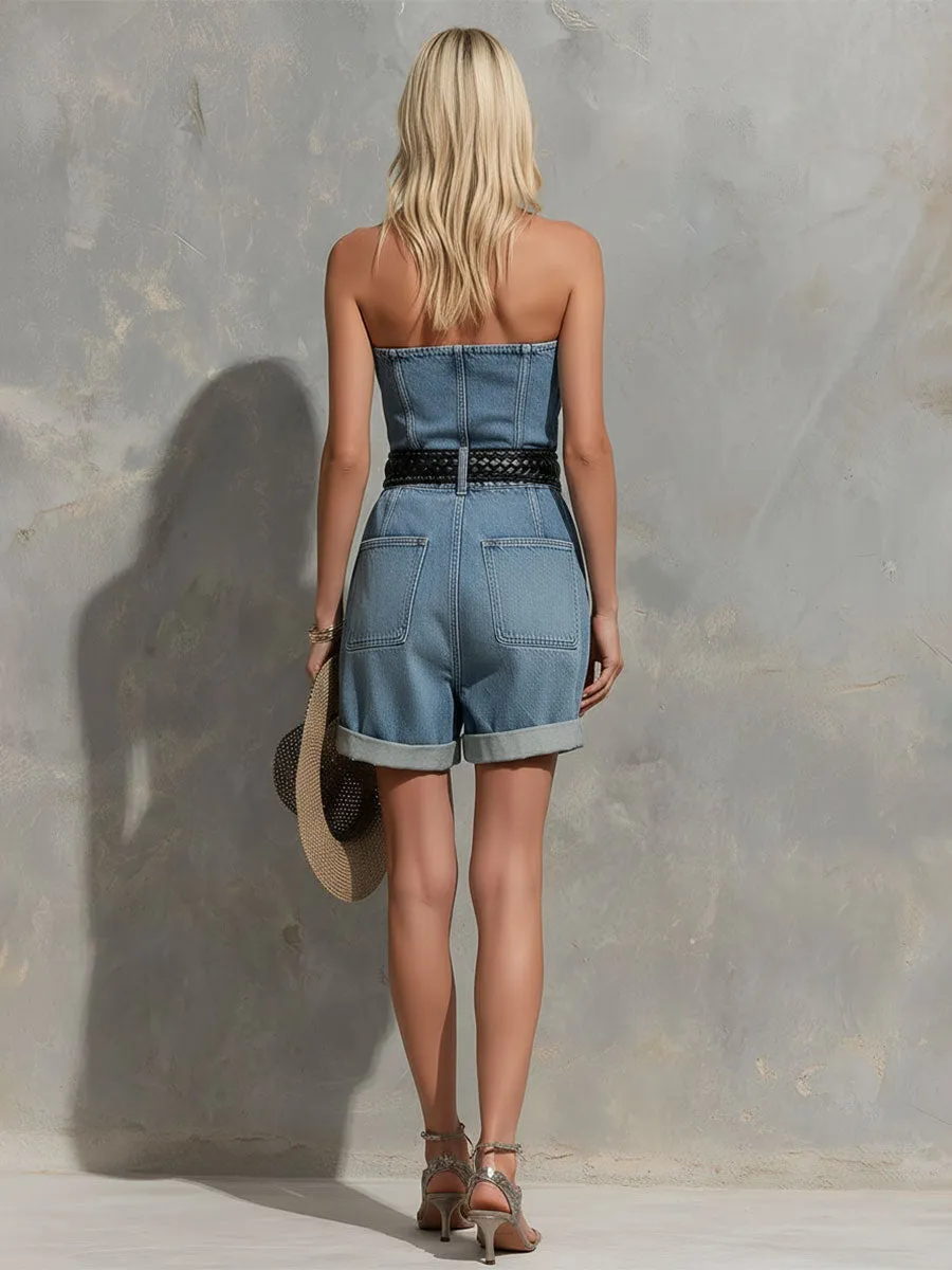 Fashionable Retro Blue Off-shoulder Pocket Denim Shorts Jumpsuit sold by Oyrosy product image thumbnail 4