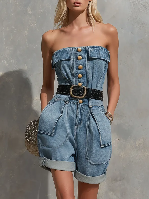 Fashionable Retro Blue Off-shoulder Pocket Denim Shorts Jumpsuit made by Oyrosy