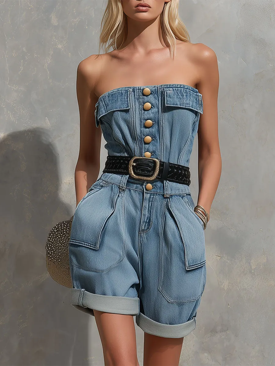 Fashionable Retro Blue Off-shoulder Pocket Denim Shorts Jumpsuit sold by Oyrosy