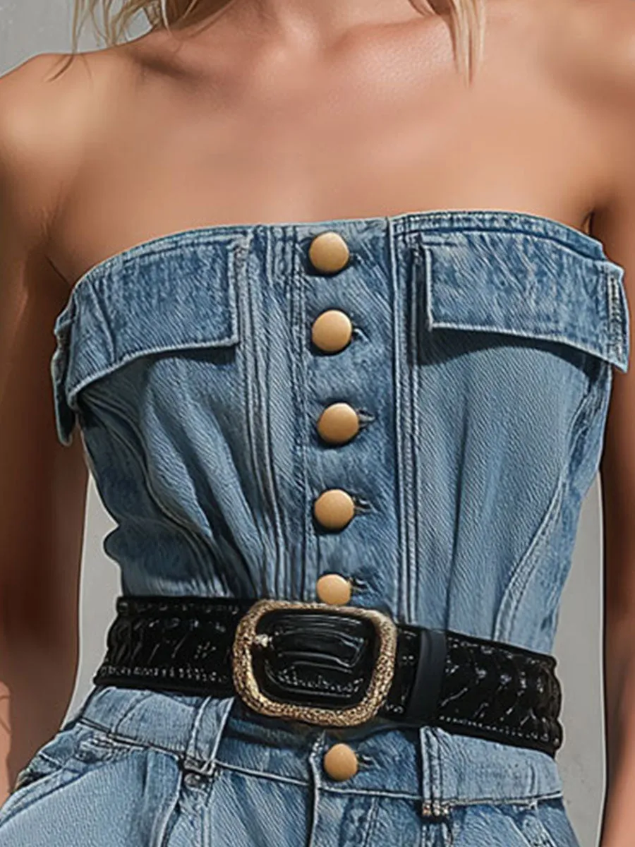 Fashionable Retro Blue Off-shoulder Pocket Denim Shorts Jumpsuit sold by Oyrosy product image thumbnail 5