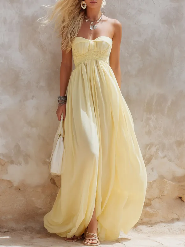 Elegant Light Yellow Elastic Waist Sleeveless Maxi Dress made by Oyrosy