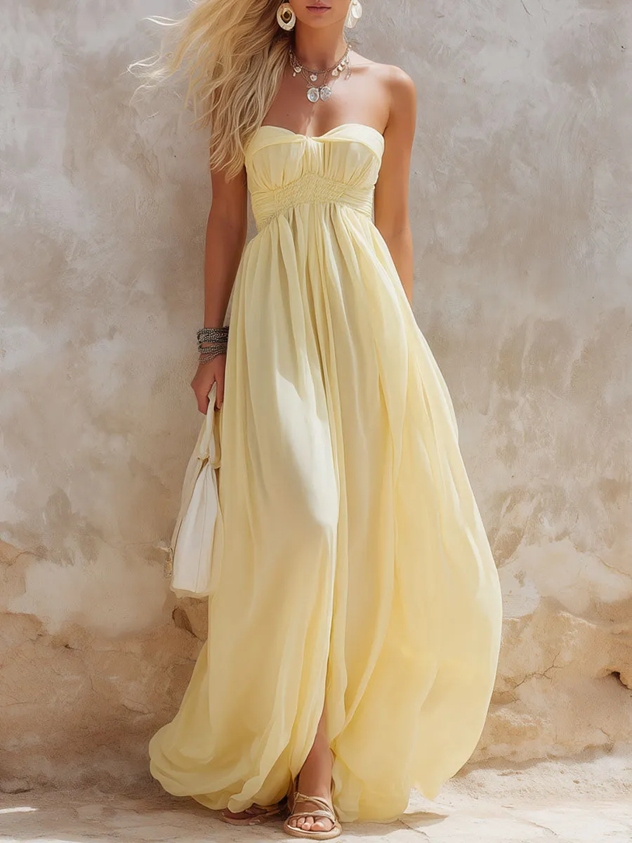 Elegant Light Yellow Elastic Waist Sleeveless Maxi Dress sold by Oyrosy