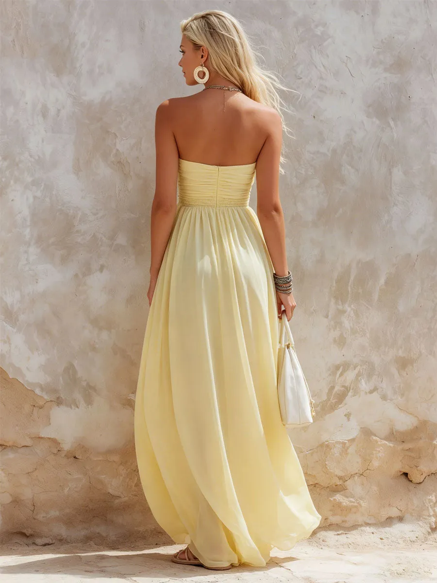 Elegant Light Yellow Elastic Waist Sleeveless Maxi Dress sold by Oyrosy product image thumbnail 3