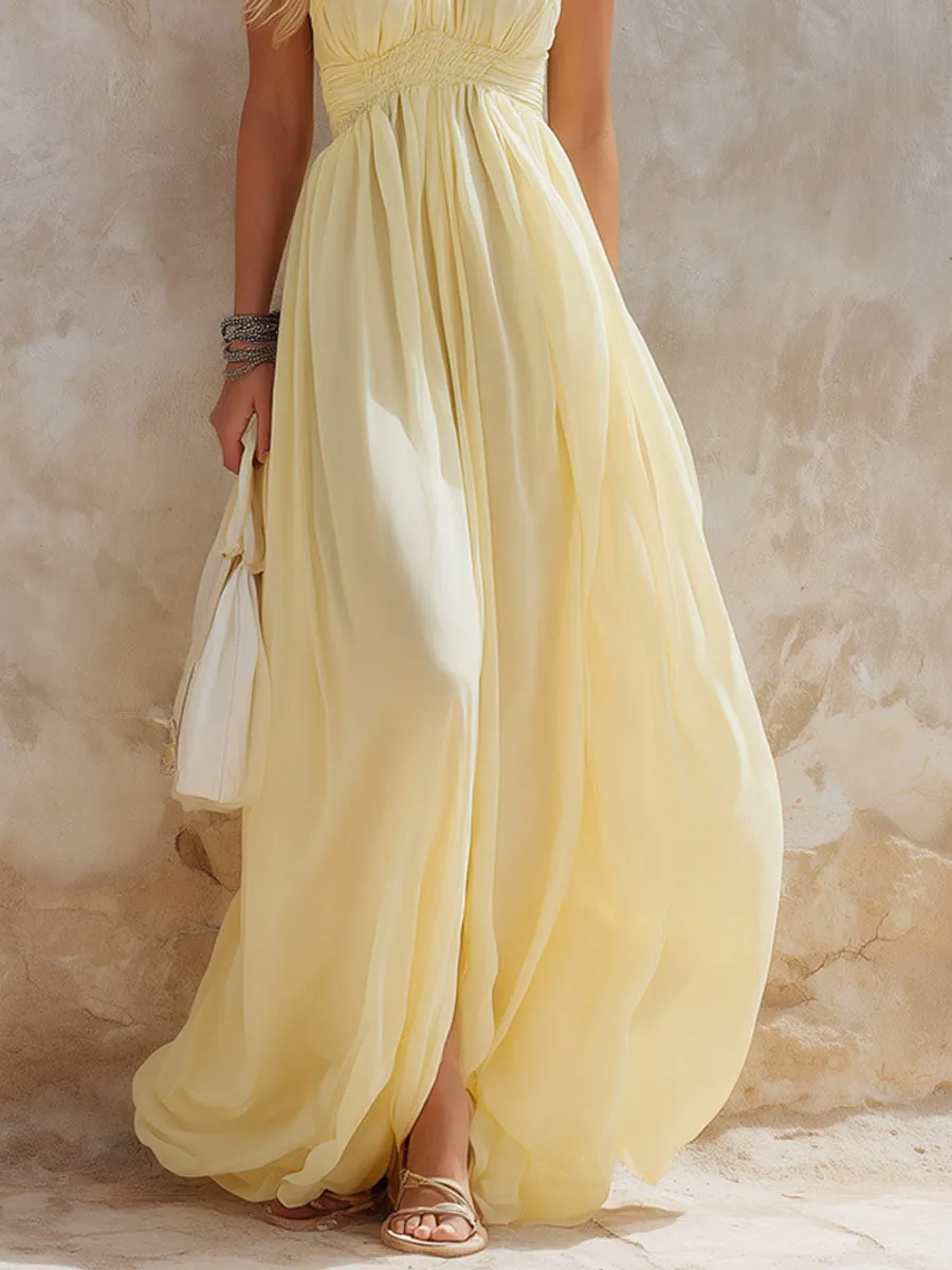 Elegant Light Yellow Elastic Waist Sleeveless Maxi Dress sold by Oyrosy product image thumbnail 5