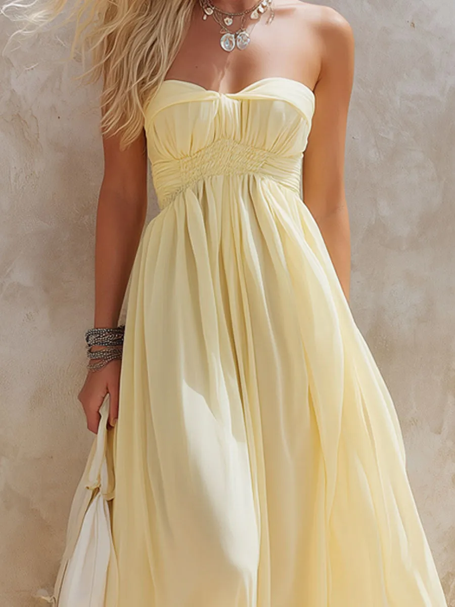 Elegant Light Yellow Elastic Waist Sleeveless Maxi Dress sold by Oyrosy product image thumbnail 4