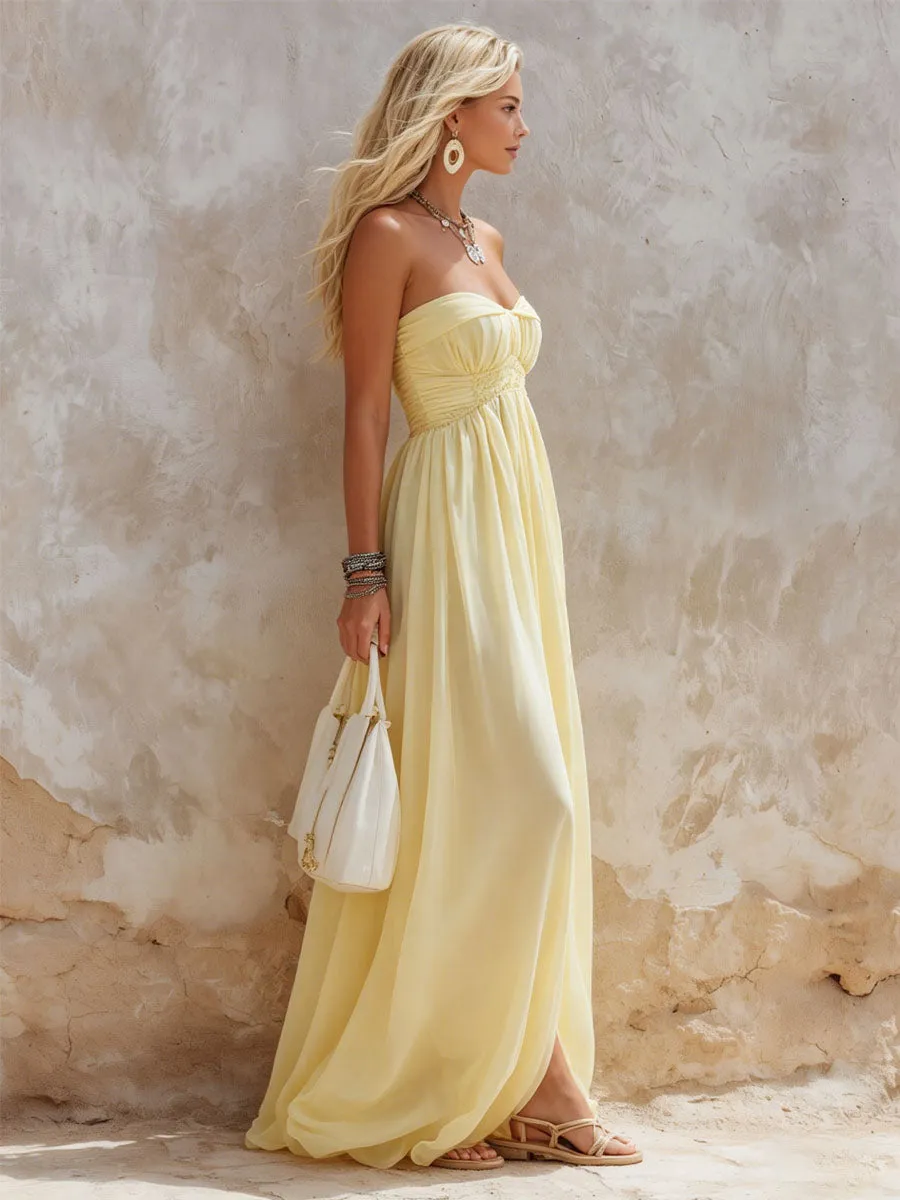 Elegant Light Yellow Elastic Waist Sleeveless Maxi Dress sold by Oyrosy product image thumbnail 2