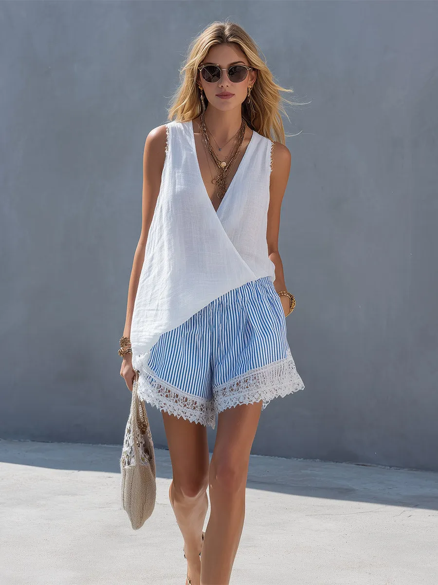 Stylish & Casual White Cotton-Linen Top And Blue Striped Shorts Set sold by Oyrosy product image thumbnail 2